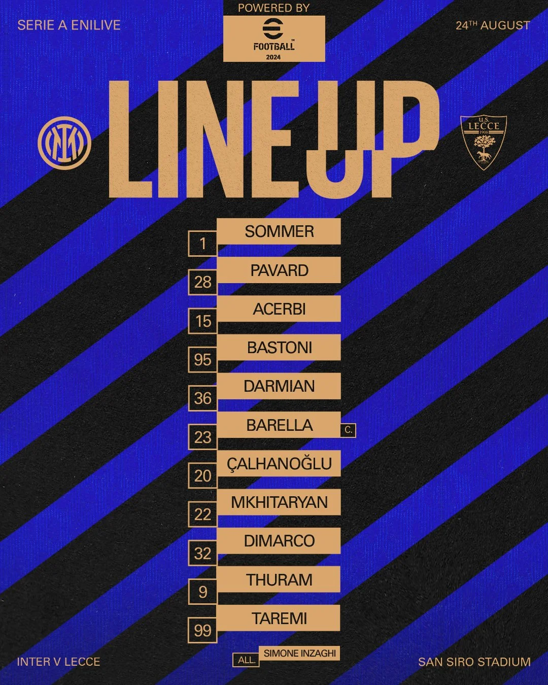 إنتر ميلان يعلن تشكيله لمواجهة ليتشي في الدوري الإيطالي