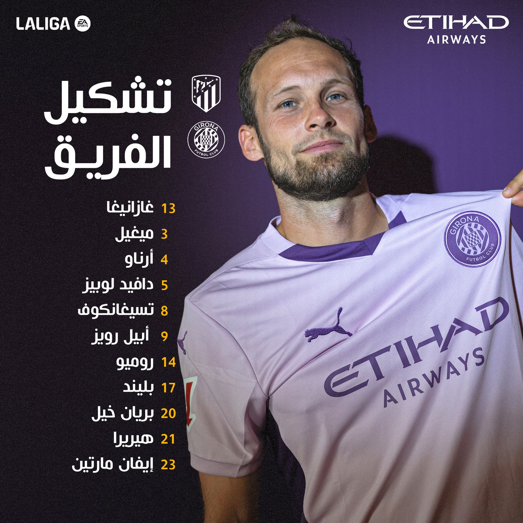 التشكيل الرسمي لقمة أتلتيكو مدريد وجيرونا في الدوري الإسباني