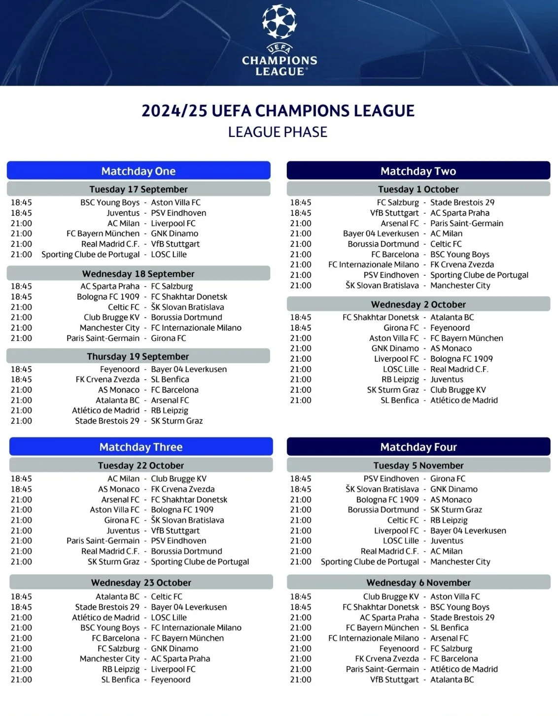اليويفا يعلن مواعيد مباريات دوري أبطال أوروبا بالنظام الجديد