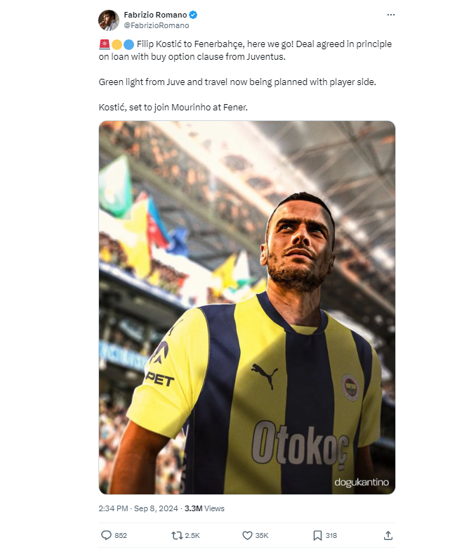 تصريح فابريزيو رومانو عن انتقال كوستيش إلى فنريخشة