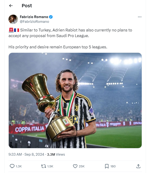 فابريزيو رومانو يعلن موقف رابيو من الانتقال الى الدوري السعودي